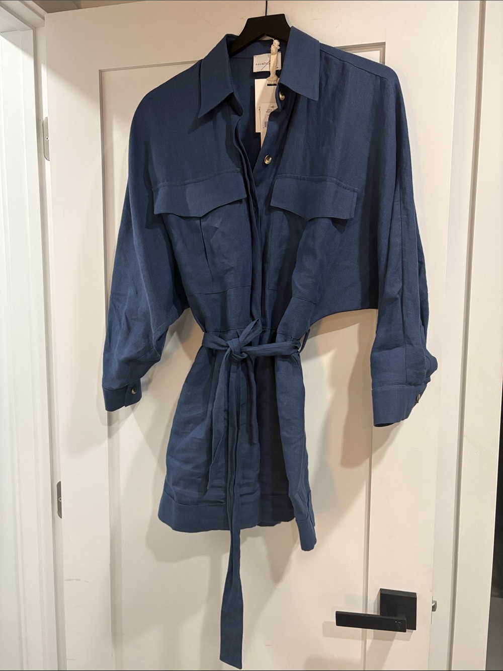 Navy 100% linen Utility Romper with Self-Tie Waist.